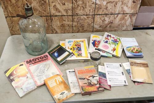 Books, vintage glass water jug