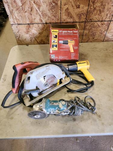 Milwaukee circle saw, grinder, heat gun