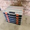 Stackable storage containers with hardware