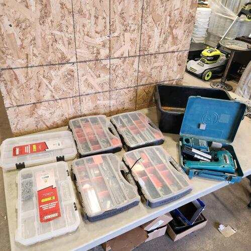 Plastic hardware storage containers w hardware, Makita 9.6v drill