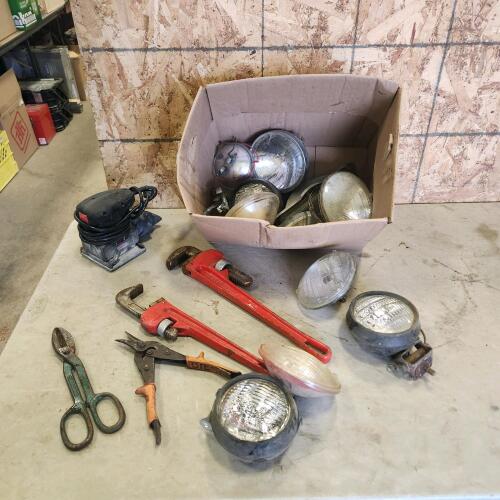 14 & 18" Pipe wrenches, 5in snips, sander, headlights