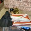 Boat anchor, swimming fins, plastic drawer trays