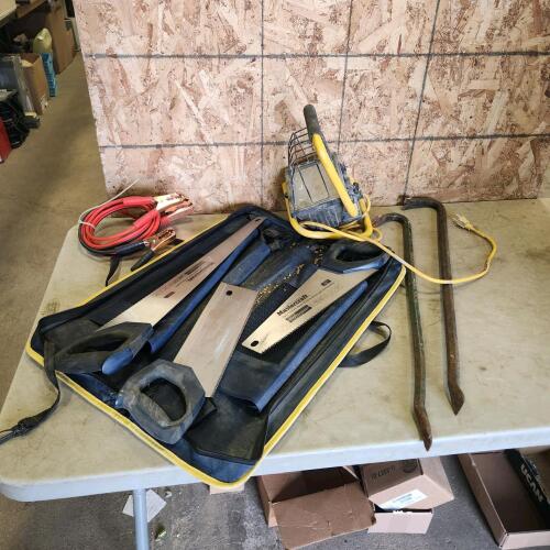 Hand saws, claw bars, booster cables, light