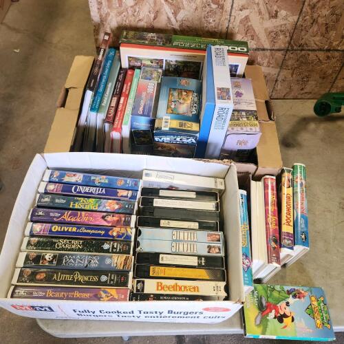 Cook books, puzzles, VHS tapes