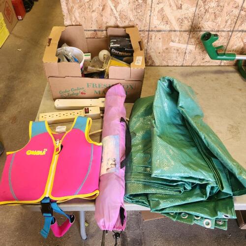 Power bars, bulbs, tarp size unknown, play tent, life jacket