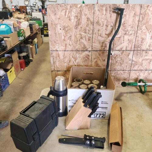 Knife block, snap lid jars, thermos, filet knife, propane extender
