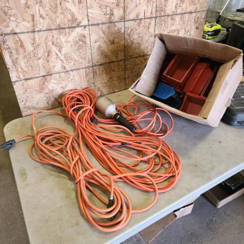 Trouble light, ext cords, hardware bins