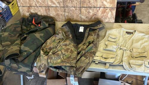 XL camo coat, M jacket, XL vest