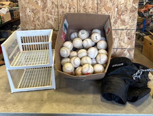 Softballs, junior large hockey pants, shelves