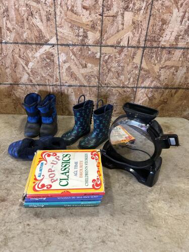 Kids books, kids footwear, waffle maker