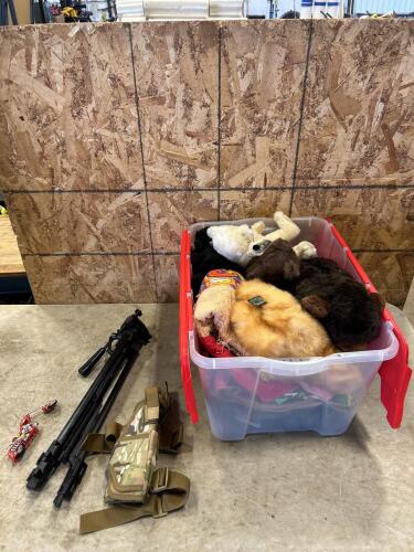 Tripod, stuffed animals, pistol holster, quilt, ruck sack