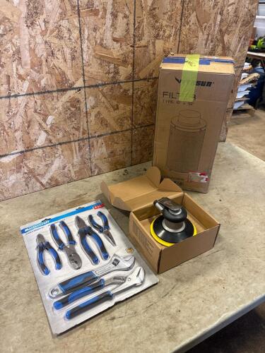 Unused plier set and orbital sander, etc