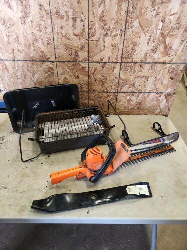 2 21" Lawnmower blades, hedge trimmer, propane bbq, side by side mirror