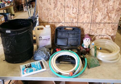 14.4V light w battery & charger, part jug sodium 300 herbicide, lawn decor, various hoses