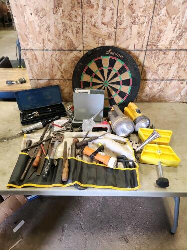 Assorted tools, dart board