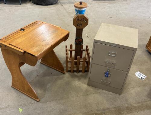 Legal size 2 drawer filing cabinet w key, desk, wooden stand