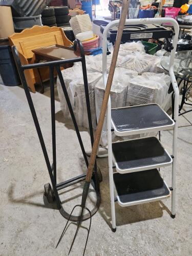 3 step ladder, pitch fork, barrel cart