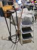 3 step ladder, pitch fork, barrel cart