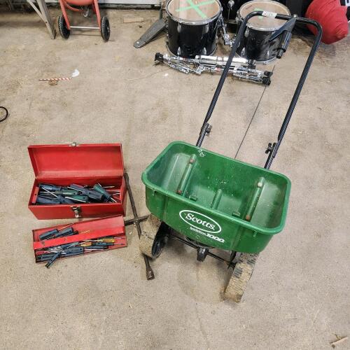 Fertilizer spreader, toolbox w screwdrivers, tire iron