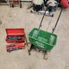 Fertilizer spreader, toolbox w screwdrivers, tire iron