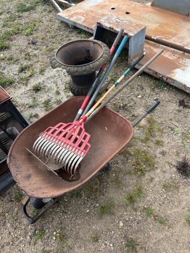 Garden tools, wheel barrow, cast flower pot w damage