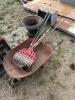 Garden tools, wheel barrow, cast flower pot w damage