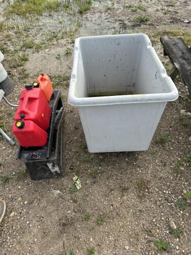 Poly cart, car ramps, gas cans