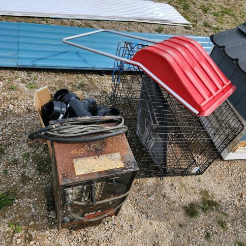 Arc welder as is, dog crate, snow scope, 4.5" fittings