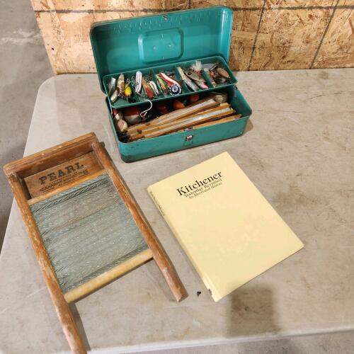 Tackle box w tackle, wash board, history book