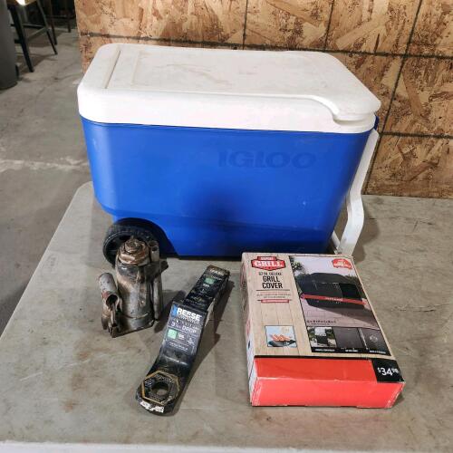 Cooler, 2" hitch, grill cover, bottle jack