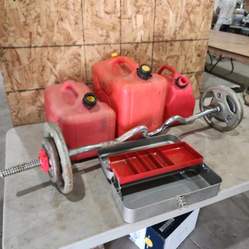 Gas cans, 20lb weight, empty tackle box