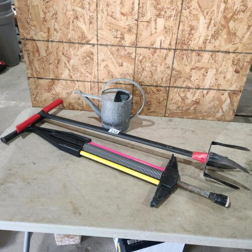 Pogo stick, weeder, watering can