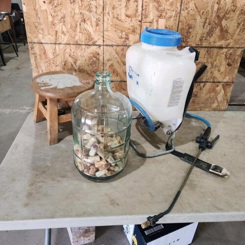 Backpack sprayer, bottle corks, wooden stool