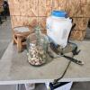 Backpack sprayer, bottle corks, wooden stool