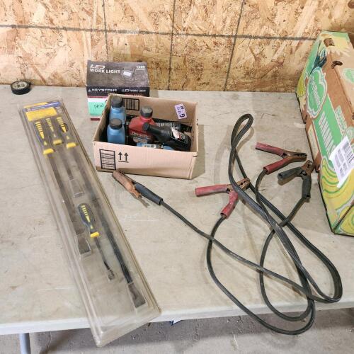 4 pc pry bar set, LED work light, 2 stroke oil, booster cables