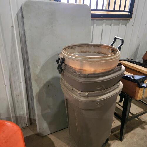 3 Garbage bins, 30"x60" plastic table