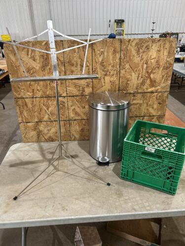 Sheet music stand, garbage bin, milk crate