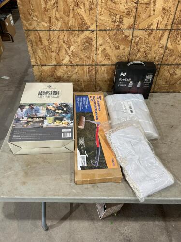 Log lifting pick, collapsable picnic basket, 50&rsquo; hdmi, ziplock bags, mop head