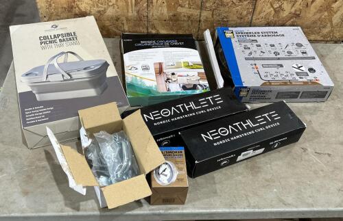 Collapsible picnic basket, door hardware, bedside organizer, sprinkler system, etc