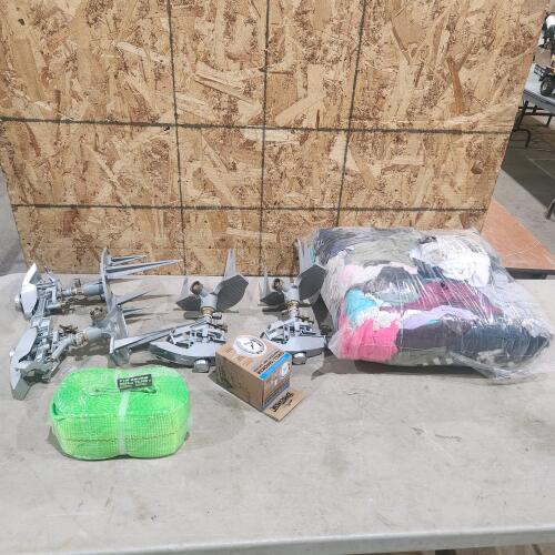 4" Tow strap, 4 lawn sprinklers, shop rags, etc.