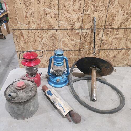 Kerosene lanterns, oil tin, pail pump, etc.