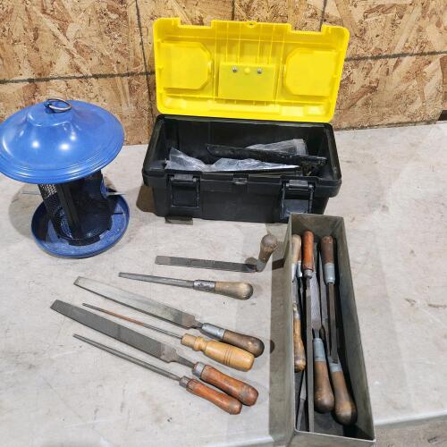 Toolbox w contents, bird feeder, files