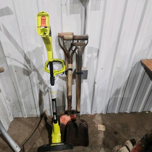 4 shovels, ryobi string trimmer tool only