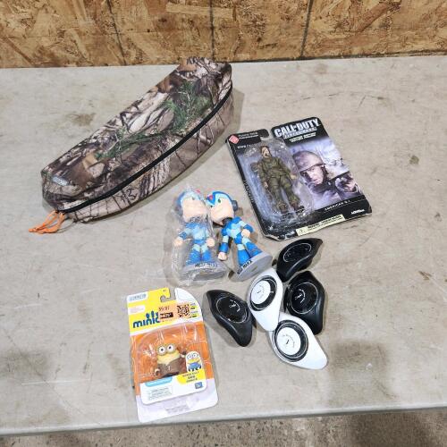 Folding chair, figurines, etc.