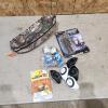 Folding chair, figurines, etc.