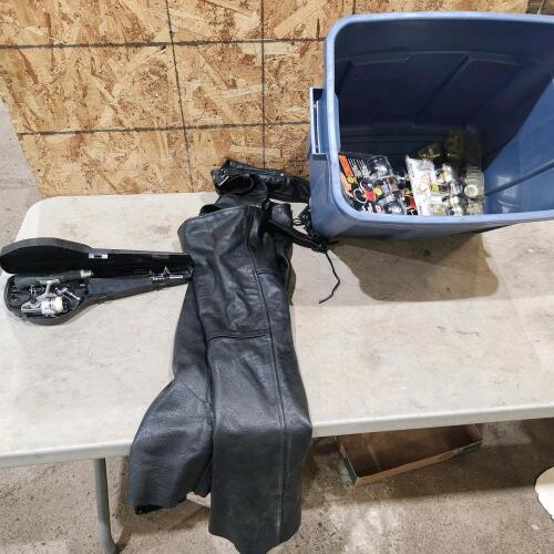 Mini fishing rod, leather chaps, door lock sets