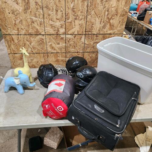 Youth sleeping bag, helmets, suitcase, etc.