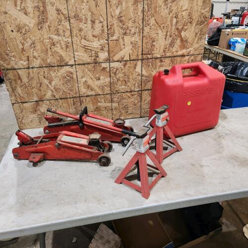 Gas can, floor jacks, jack stands