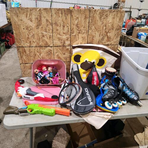 Nerf guns, tennis rackets, dolls, etc.