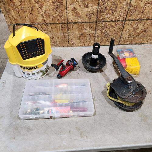 Tackle, minnow trap, fishing reel, anchor, heaving line, manual winch